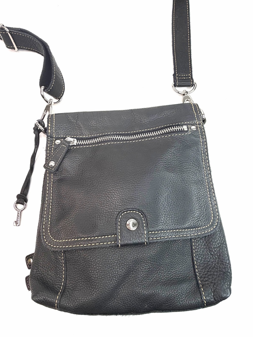Fossil Black Leather Key Bag Charm Adjustable Crossbody Bag